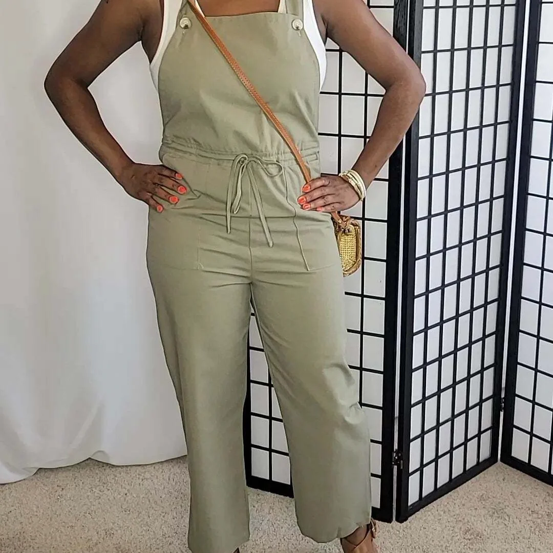 Drawstring Buttoned Straps Cropped Overall