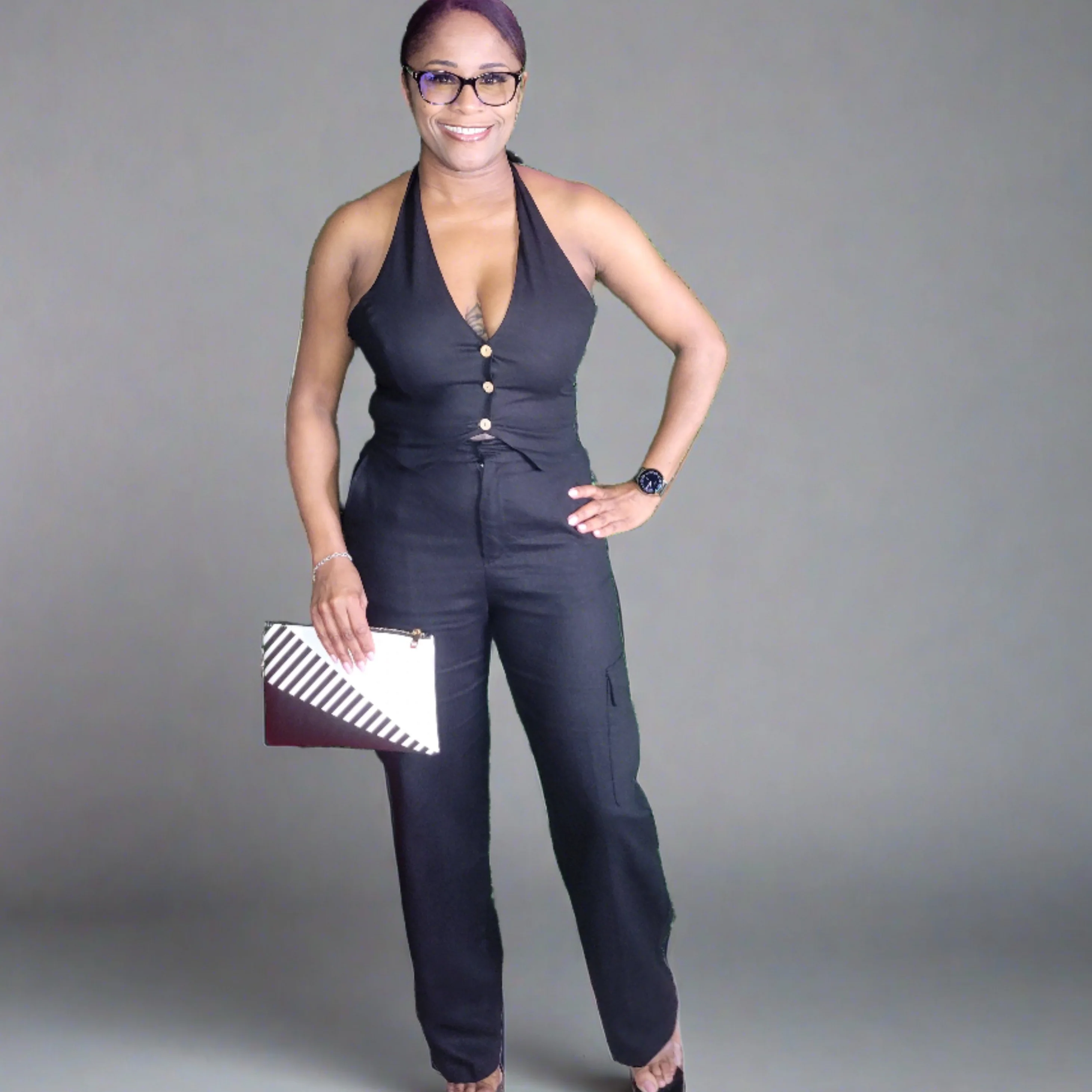 Linen Halter Vest and Cargo Pant Set(Black)